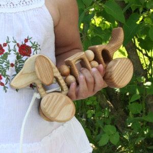 Può includere: Un giocattolo di legno a forma di cane con una corda per tirare e ruote che rotolano. Il cane ha una testa, un corpo e una coda, ed è fatto di legno naturale. Il giocattolo è tenuto dalla mano di un bambino.