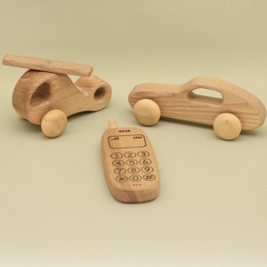 Handmade Ash Wood Toy Set: Helicopter, Car & Mobile Phone