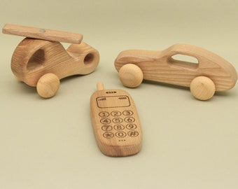 Holz-Set Hubschrauber, Handy und Auto, massives Eschenholz, mit natürlichem Wachs behandelt, handgemacht, Bio, Eco, Holzspielzeug für Jungen