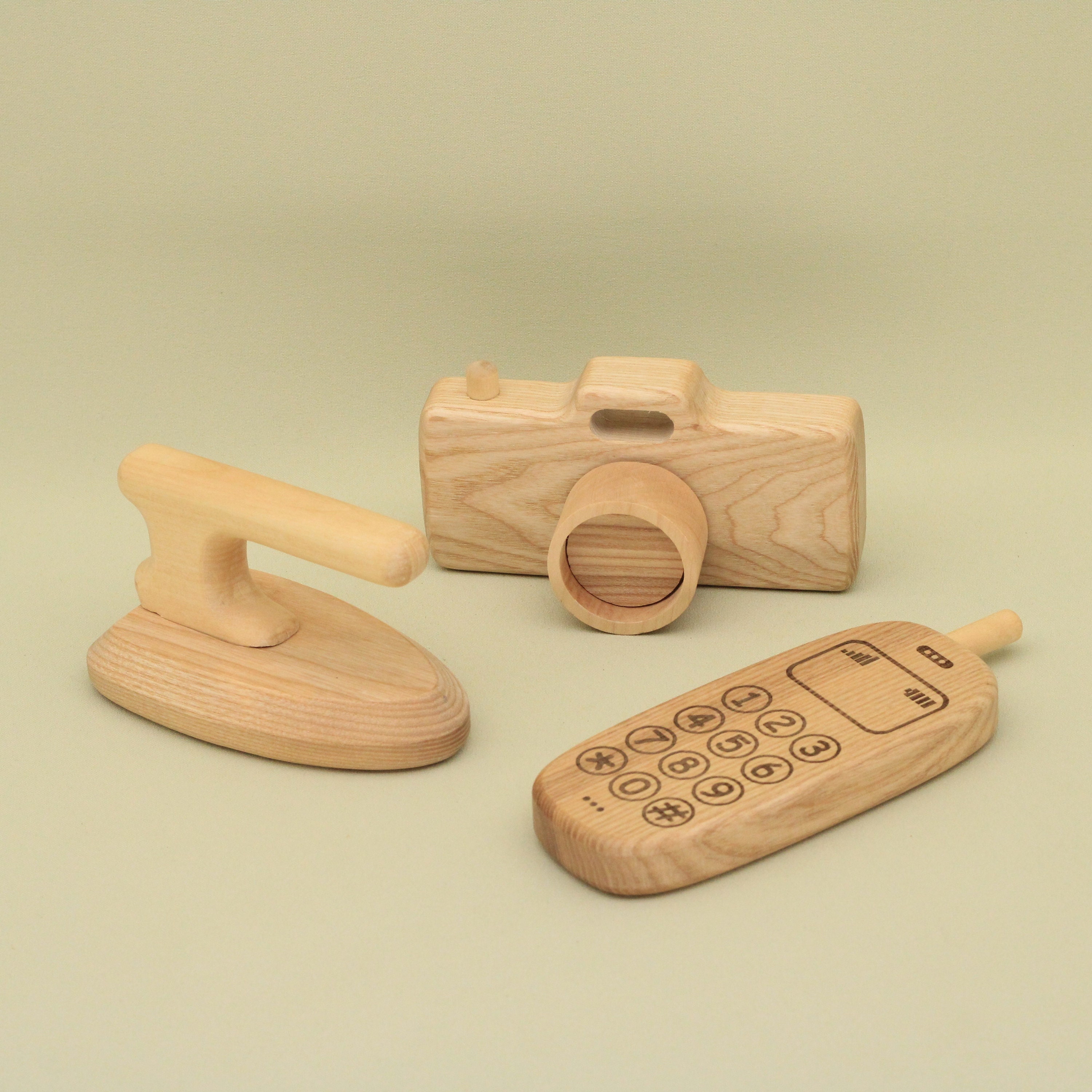 Handmade Wooden Toy Set: Montessori Camera, Phone & Iron
