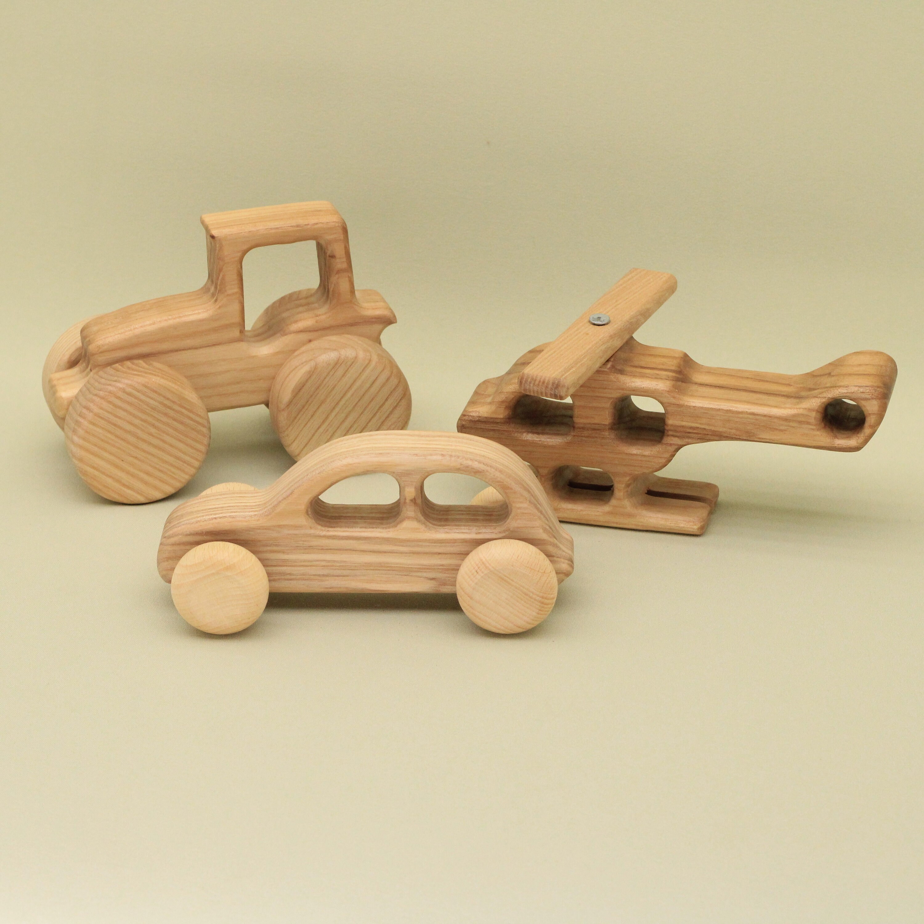 Handmade Organic Wooden Vehicle Set: Ash Wood Tractor, Helicopter