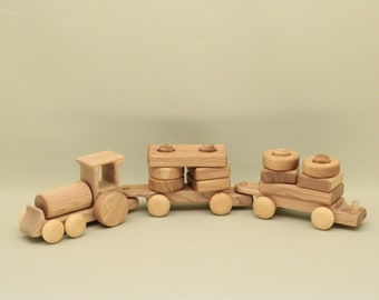 Wooden Stacking Train Montessori Waldorf Handmade Educational Locomotive + 2 Wagons 17 Building Blocks Lotes Toys Baby Gift Free Shipping