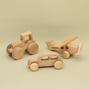 Handmade Organic Wooden Vehicle Set: Ash Wood Tractor, Airplane, Car