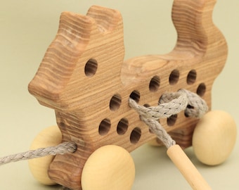 Handmade Wooden Threading Toy Cat on Wheels: Fine Motor Skills Development for Waldorf and Montessori Education Perfect Gift Free Shipping