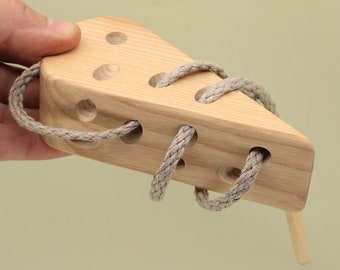 Handmade Wooden Threading Lacing Toy Educational Cheese for Fine Motor Skills Waldorf Montessori Learning Perfect Gift Free Shipping