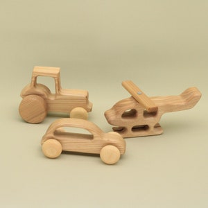Handmade Organic Wood Vehicle Set: Tractor, Helicopter, Car