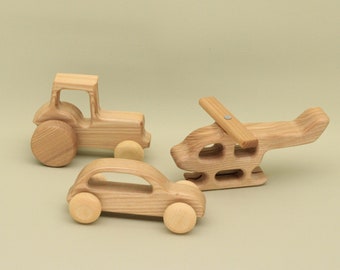 Set of 3 Handmade Organic Wooden Vehicles: Tractor, Helicopter, and Car - Eco Friendly Toys for Boys and  Girls Toddler Gift Free Shipping