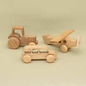 Handmade Organic Wooden Vehicle Set: Tractor, Airplane, Car