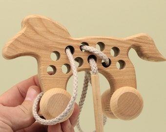 Wooden Handmade Threading Toy Horse on Wheels: Fine Motor Skills Development for Waldorf and Montessori Education Perfect Gift Free Shipping