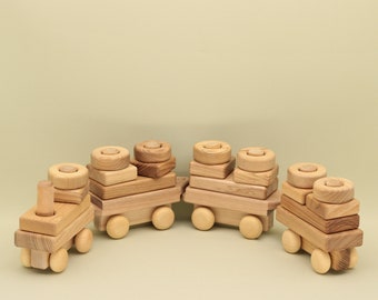 Wooden Stacking Train Handmade, Natural, Educational, Montessori, Waldorf, 4 Wagons, 30 Building Blocks, Lotes Toys Baby Gift, Free Shipping
