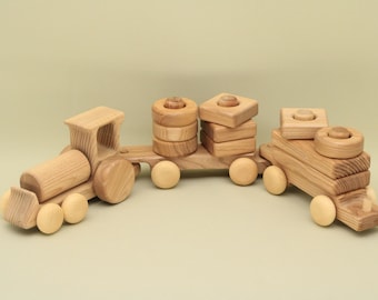 Wooden Stacking Train Montessori Waldorf Handmade Educational Locomotive + 2 Wagons 17 Building Blocks Lotes Toys Baby Gift Free Shipping