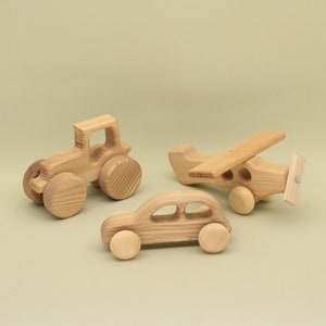 Handmade Organic Wooden Vehicle Set: Tractor, Airplane, Car