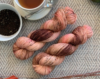 Peach Tea - Hand Dyed Variegated Speckled Yarn, Sock DK Worsted, Superwash Merino Wool Nylon Cashmere, Choose Your Own Base