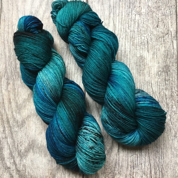 Teal You're Ready - Peacock Blue Hand Dyed Variegated Speckled Yarn, Superwash Merino Wool Nylon Cashmere, Sock Fingering DK Worsted