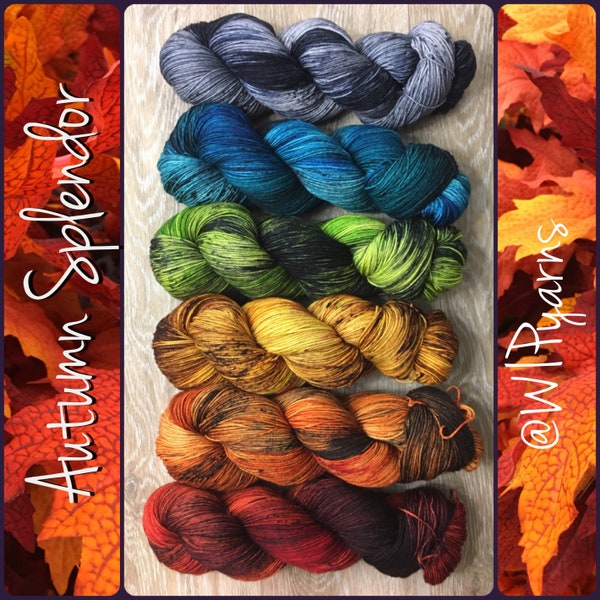 Autumn Splendor - SIX Skein Yarn Set, Fall Leaves Themed Shawl or Sweater Kit, Sock DK Worsted Weight Options, Superwash Merino Wool Nylon