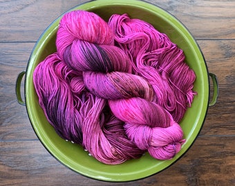 Wild Berry - Hand Dyed Variegated Speckled Yarn, Sock DK Worsted, Superwash Merino Wool Nylon Cashmere, Choose Your Own Base