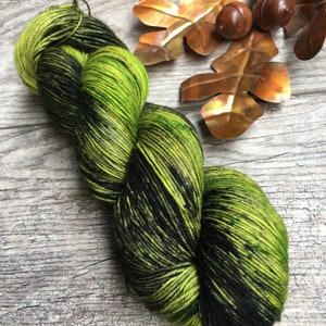 Turning a New Leaf - Green and Gray Hand Dyed Variegated Speckled Yarn, Superwash Merino Wool Nylon Cashmere, Sock Fingering DK Worsted