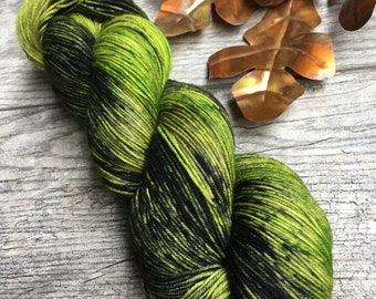 Turning a New Leaf - Green and Gray Hand Dyed Variegated Speckled Yarn, Superwash Merino Wool Nylon Cashmere, Sock Fingering DK Worsted