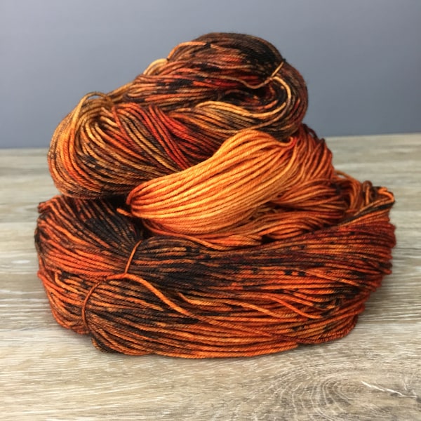 Pumpkin Spice - Hand Dyed Variegated and Speckled Sock DK Worsted Weight Yarn, Superwash Merino Wool Nylon Cashmere, Pumpkin Orange Brown