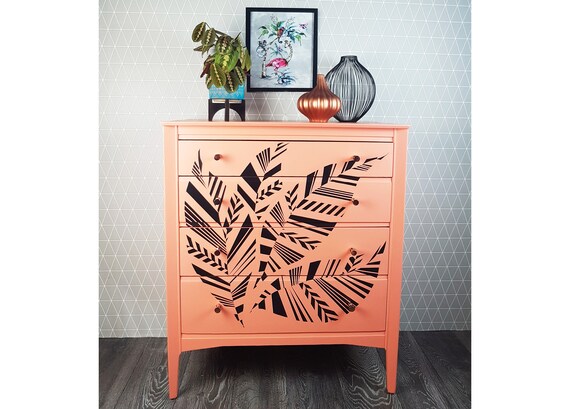 Coral Black Geometric Leaf Design Chest Of Drawers Rose Gold Bedroom Furniture Painted Furniture Unique Design Storage