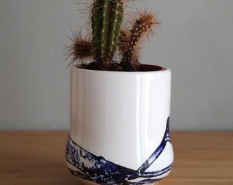 Handmade China Succulent Pot: Blue Cobalt Brushstroke Ceramic Planter
