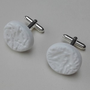 Textured China Cufflinks: Oval Ceramic Cuff Links, Silver Plated