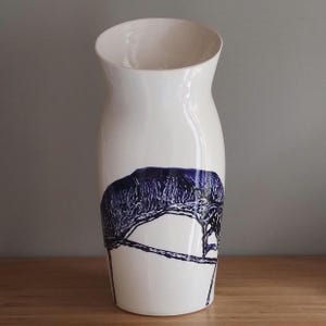 Handmade Bone China Vase: White & Cobalt Blue, Organic Design