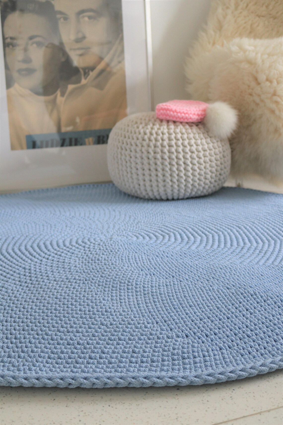 Handmade Blue Round Simple Modern Nursery Crochet Rug | Etsy