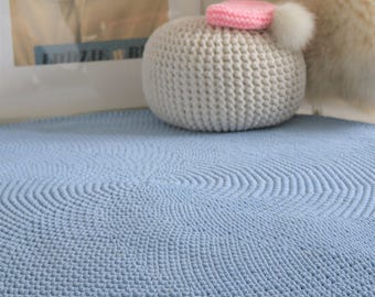 Handmade Blue Round Simple Modern Nursery Crochet Rug, Washable Natural Cotton Rug, Round area rug, Modern kids floor mats