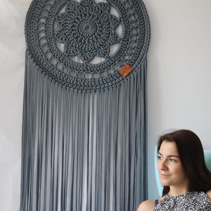 Mother's Day gift, for birthday, Big Cozy Texture Modern Handmade Extra Long Dark Grey Large Dreamcatcher, Photo prop wall hanging image 1