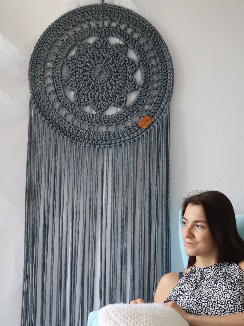 Mother's Day gift, for birthday, Big Cozy Texture Modern Handmade Extra Long Dark Grey Large Dreamcatcher, Photo prop wall hanging image 1