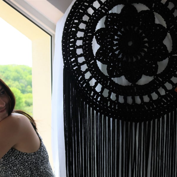 Mother's Day gift for her, for birthday Mandala Modern Chunky Handmade Extra Long Black Large Dreamcatcher, dream catcher wall hanging