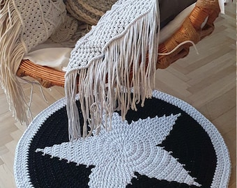 Handmade Crochet Neutral Decor Black White Star Round Rug/ Washable Rug/ Round Area Rug/ Nursery Rugs/ Scandi Rug/ Boho Rug/ Cotton Rug