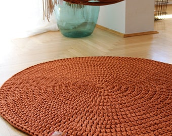 Orange rouillé au crochet fait main, tapis rond, tapis rond lavable, tapis en coton pour chambre d'enfant