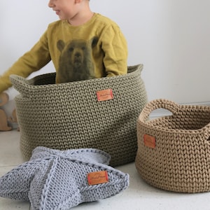 Handmade Olive Cotton Standing Basket with handles/ Basket/Baskets/ Crochet Organizer/ Storage Basket