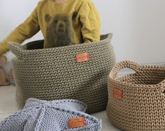 Handmade Olive Cotton Standing Basket with handles/ Basket/Baskets/ Crochet Organizer/ Storage Basket