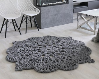 Decorative Gray Crochet Rug, Rustic Chunky Floor Mat, Glam Rug, Natural Cotton Carpet, Shabby Chic Romantic Design Modern Rug, Natural Decor