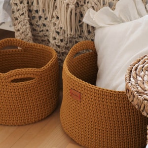 Handmade Crochet Natural Decor Honey Mustard Yellow Cotton Round Standing Basket with handles/ Crochet Organizer/ Storage Basket image 2