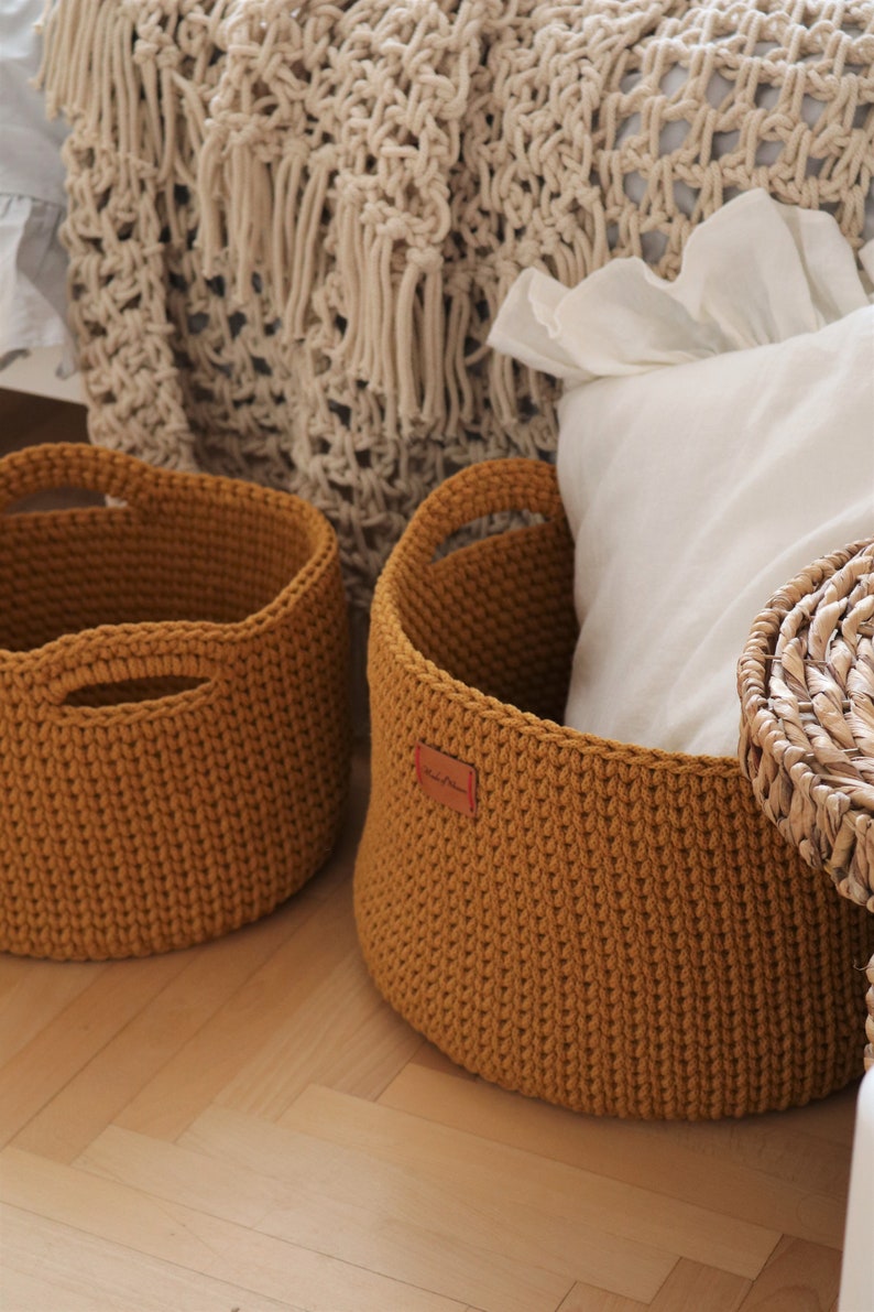 Handmade Crochet Natural Decor Honey Mustard Yellow Cotton Round Standing Basket with handles/ Crochet Organizer/ Storage Basket image 2