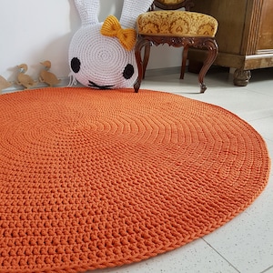 Orange Natural Round Rug, Round area rug, Nursery Rugs, Skandinavische Teppich rund alfombra trapillo modern enfant, Large Crochet floor Rug