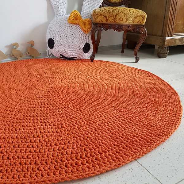 Orange Natural Round Rug, Round area rug, Nursery Rugs, Skandinavische Teppich rund alfombra trapillo modern enfant, Large Crochet floor Rug