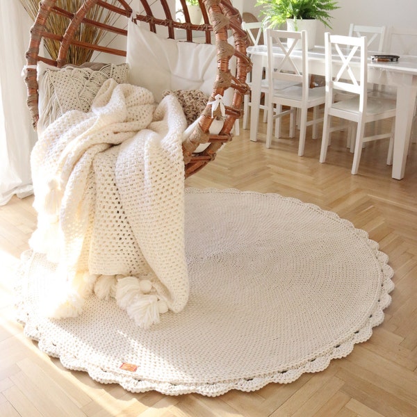 Alfombra para sala de estar, alfombra de ganchillo de vivero de decoración pastel escandinava redonda de vainilla gruesa hecha a mano con pétalos, alfombra boho de algodón natural lavable
