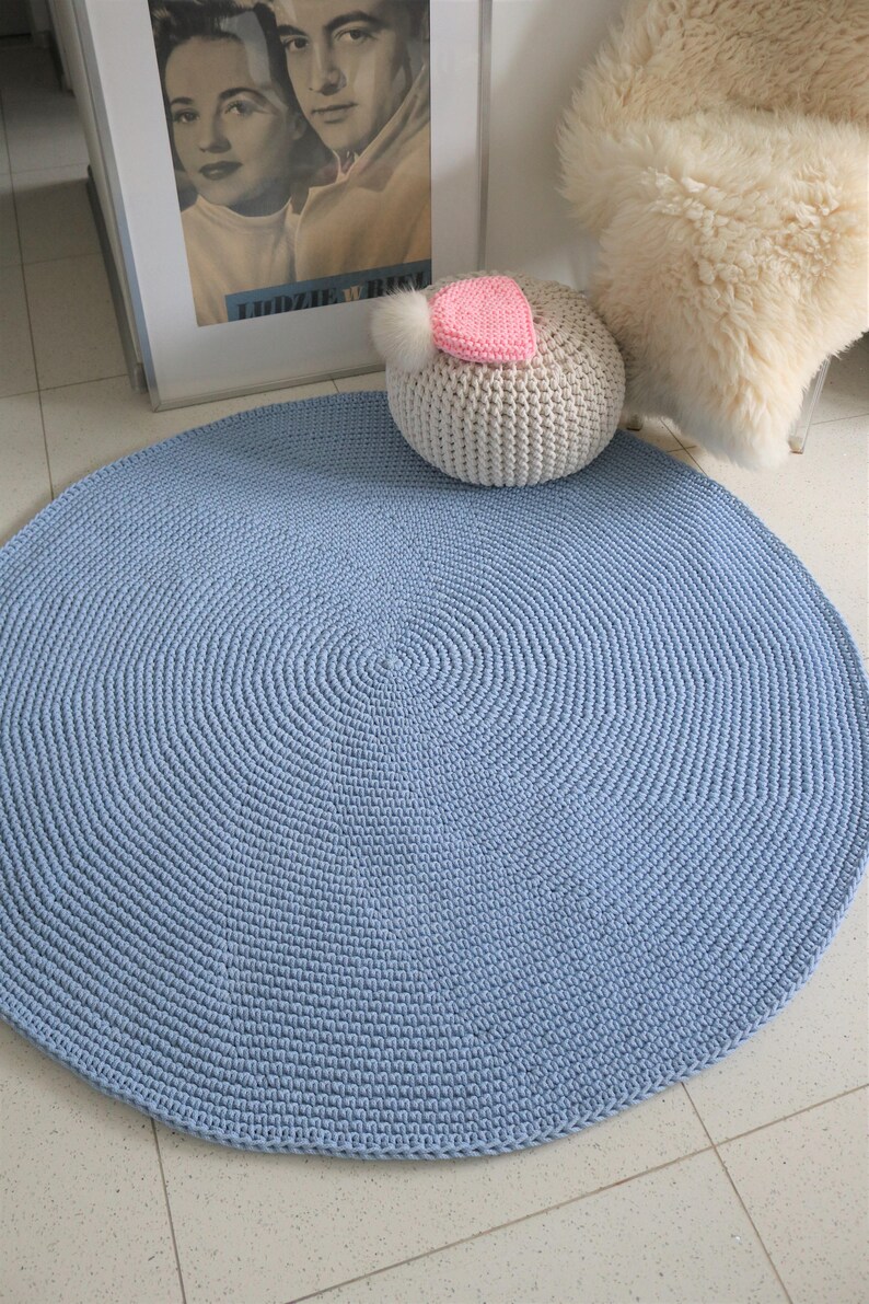Handmade Blue Round Simple Modern Nursery Crochet Rug - Etsy