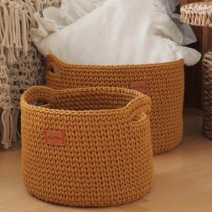 Handmade Crochet Natural Decor Honey Mustard Yellow Cotton Round Standing Basket with handles/ Crochet Organizer/ Storage Basket image 4