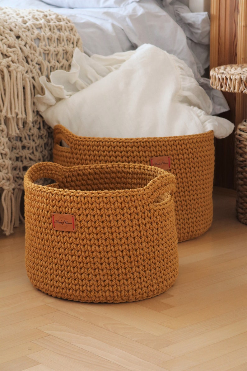 Handmade Crochet Natural Decor Honey Mustard Yellow Cotton Round Standing Basket with handles/ Crochet Organizer/ Storage Basket image 4