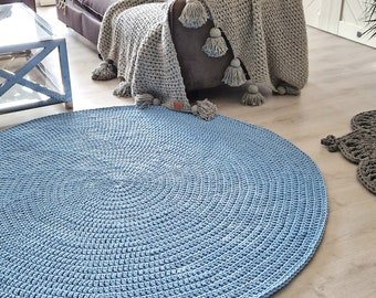 Handmade Crochet Light Blue Round Rug, Neutral Decor round rug, Area rug, Nursery Rug, Scandi Rud for Living room, Large Crochet floor Rug