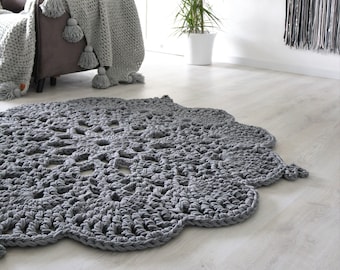 SALE 178 cm Decorative Gray Crochet Rug, Rustic Chunky Floor Mat, Glam Rug, Natural Cotton Carpet Decor, Shabby Chic Romantic Modern Design