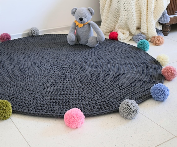 Play Mat Pom Pom Round Rainbow Rug Mat Bohemian Crochet Etsy