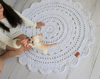 Handmade Crochet Neutral Decor Mandala Boho White Round Doily Rug, Tapis Boho Hippie, Country Bedroom Rustic Floor Decoration Interiordesign