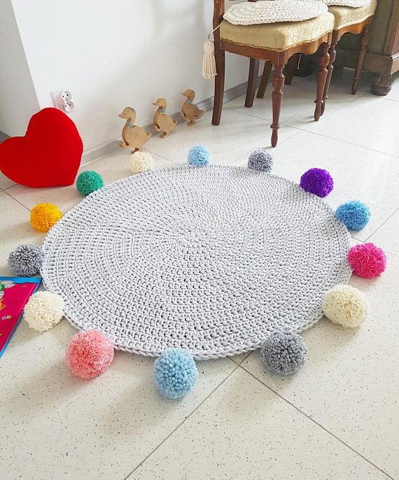 Tapis de Jeu Pom Pom Rond Arc-En-Ciel Tapis, Mat Boho Crochet Vintage Coloré Bebe Tapis Teppich Hipp